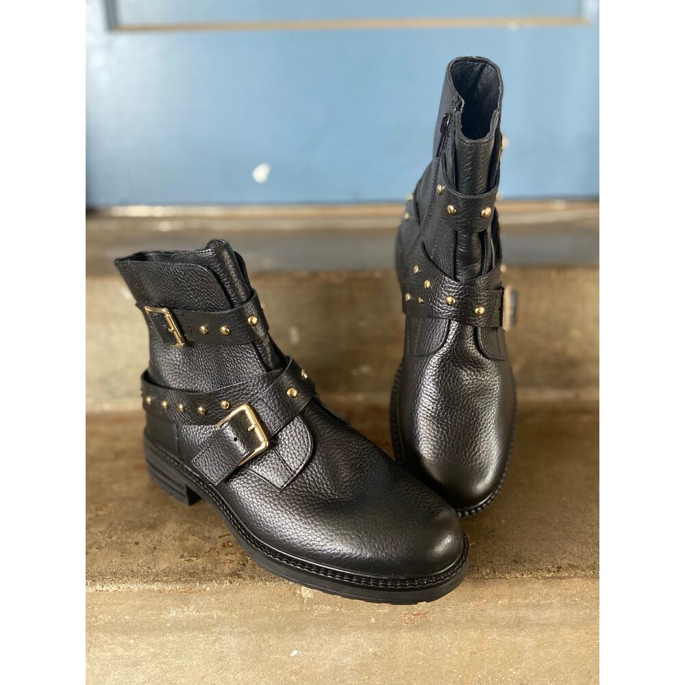 Kurt Geiger Stinger black leather ankle boot w/ goldtone studs & buckle straps